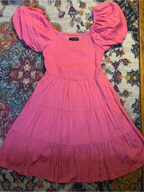Smocked Bodice Puff Sleeve Pink Tiered Dress
